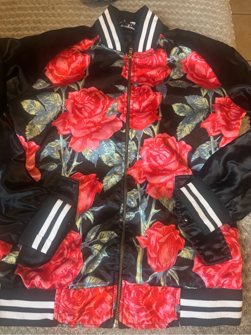 CHRLDR Black Satin Bomber Jacket with Red Rose Print - Picture 3 of 6